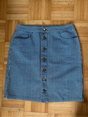 French Striped Button-Front Denim Skirt